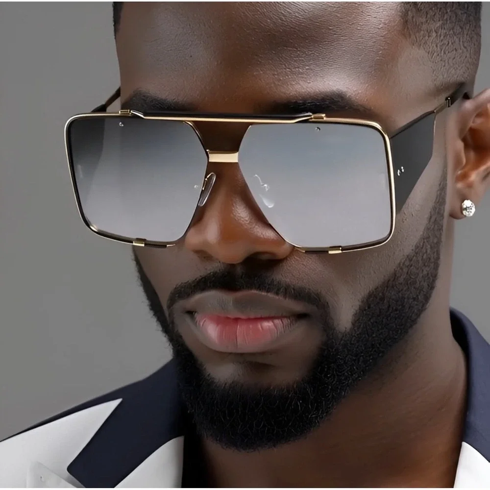 Square Sunglasses Gold Frame Silver Mirror Lens‎ Fashion Men Beach Street Wear